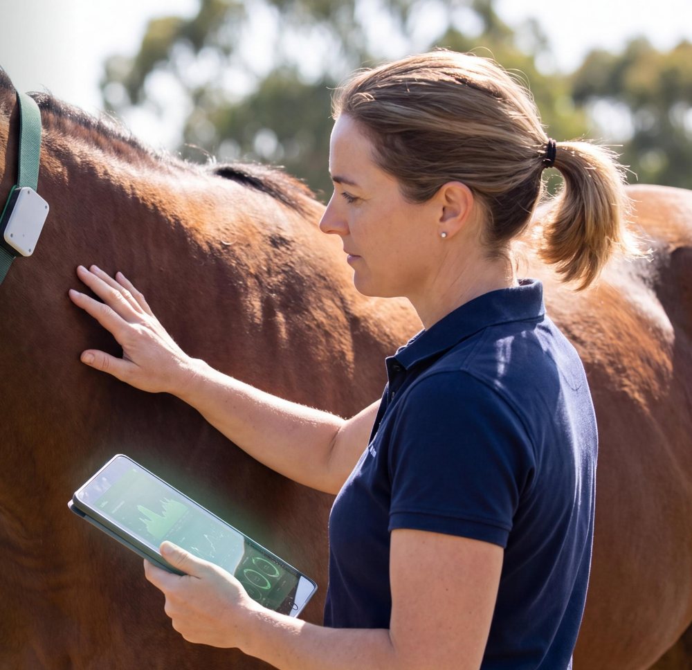 Caretaker checking horse activity data on a tablet