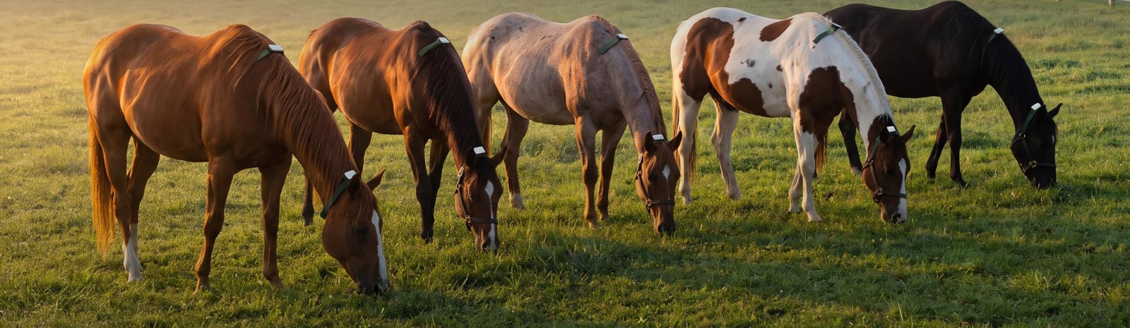 Horses grazing while wearing Equine Core smart collars